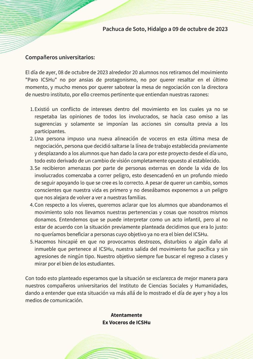 MemesUAEH's tweet photo. Ex voceros del #ICSHu emiten este comunicado: confirman amenazas https://t.co/atA8V4pfeP