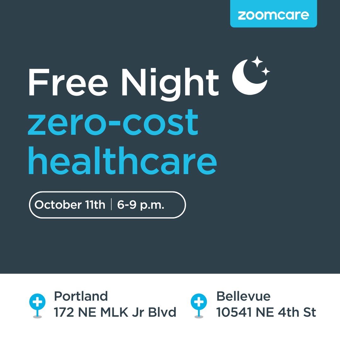 Free Night is this week! Join us on Wednesday, October 11th at our Portland MLK clinic and Seattle Bellevue clinic for an evening of totally free healthcare. Learn more on our IG! 🩵 

#ZoomCare #ZoomCareFreeNight #FreeHealthCare #BeyondBetter