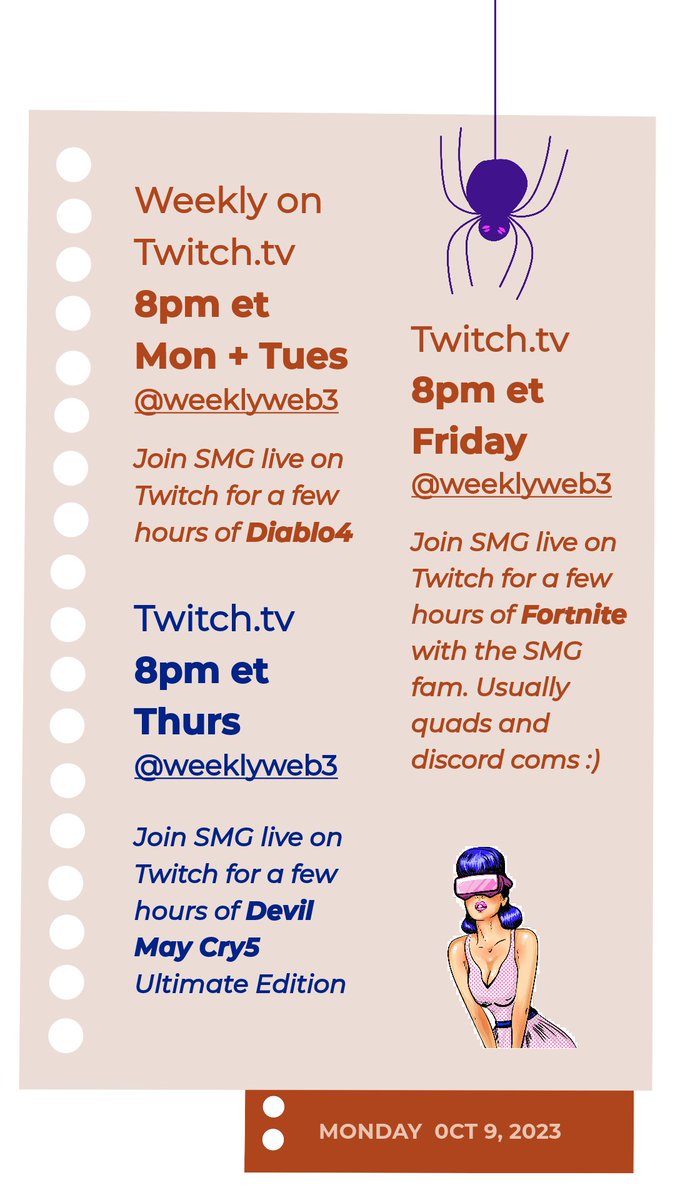 SupermodelGamer's tweet photo. This week's https://t.co/1QUi6jhHbm schedule 🩷💫
 #smgfam #youareloved #DiabloIV 
Wednesday Web3 games on X
8-10et @SupermodelGamer https://t.co/tYxgXQWc8D