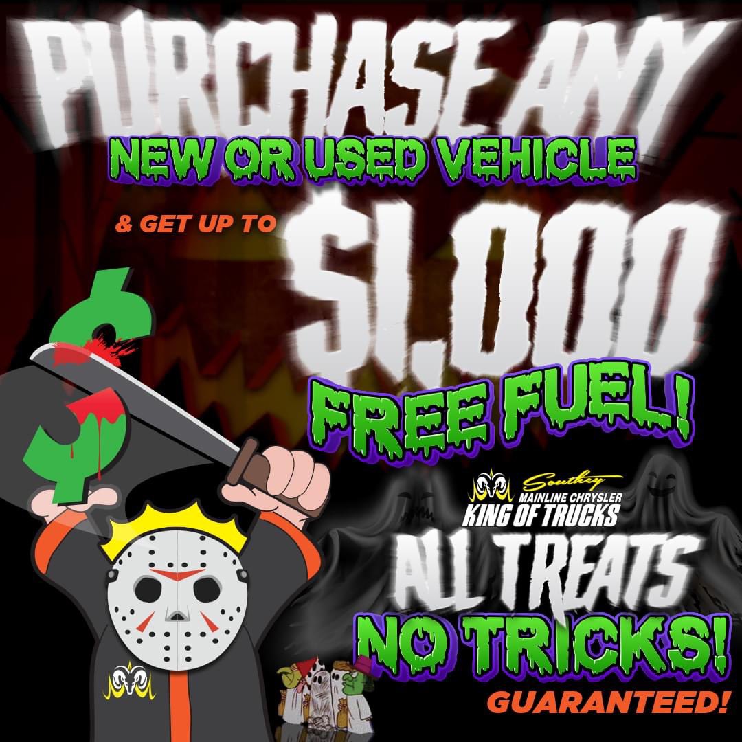 SoutheyMainline's tweet photo. 🎃 ALL TREATS, NO TRICKS...GUARANTEED!👻

Purchase any new or used &amp; you could drive home with up to $1,000 of FREE FUEL! We've SLASHED pricing on a ton of new inventory with up to 15% OFF MSRP! Call 1 (306) 726-2060 or visit https://t.co/SJt6D0S9Np, today! #SoutheyKingOfTrucks https://t.co/t0QSwQFky0