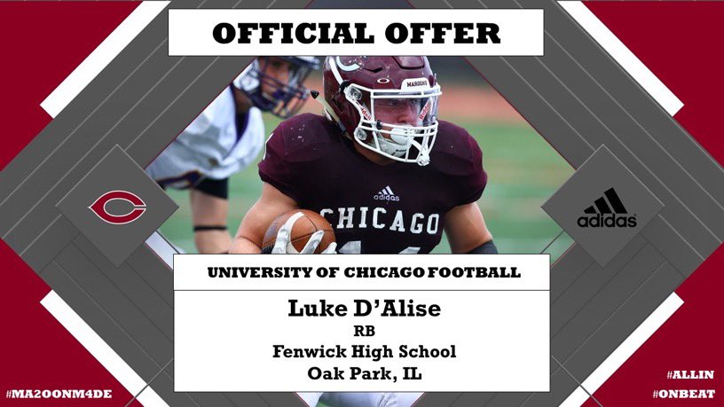 Luke D’Alise (@lukedalise) on Twitter photo After a great phone call with @MaxAndrews207, I am excited to receive an offer to play football at the prestigious University of Chicago! <a href="/UChicagoFB/">UChicago Football</a> <a href="/CoachMAllenFB/">Montell A. Allen II</a> <a href="/CoachTGilcrist/">TG</a> <a href="/FenwickCoachB/">Matt Battaglia</a> After a great phone call with @MaxAndrews207, I am excited to receive an offer to play football at the prestigious University of Chicago! <a href="/UChicagoFB/">UChicago Football</a> <a href="/CoachMAllenFB/">Montell A. Allen II</a> <a href="/CoachTGilcrist/">TG</a> <a href="/FenwickCoachB/">Matt Battaglia</a>