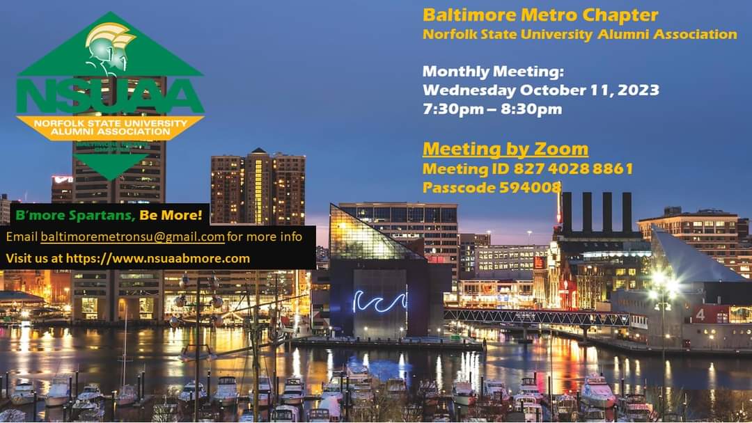 Join the Baltimore Metro Chapter for our October meeting. Great things are happening in Charm City. 

B'more Spartans, Be More!!
💚💛