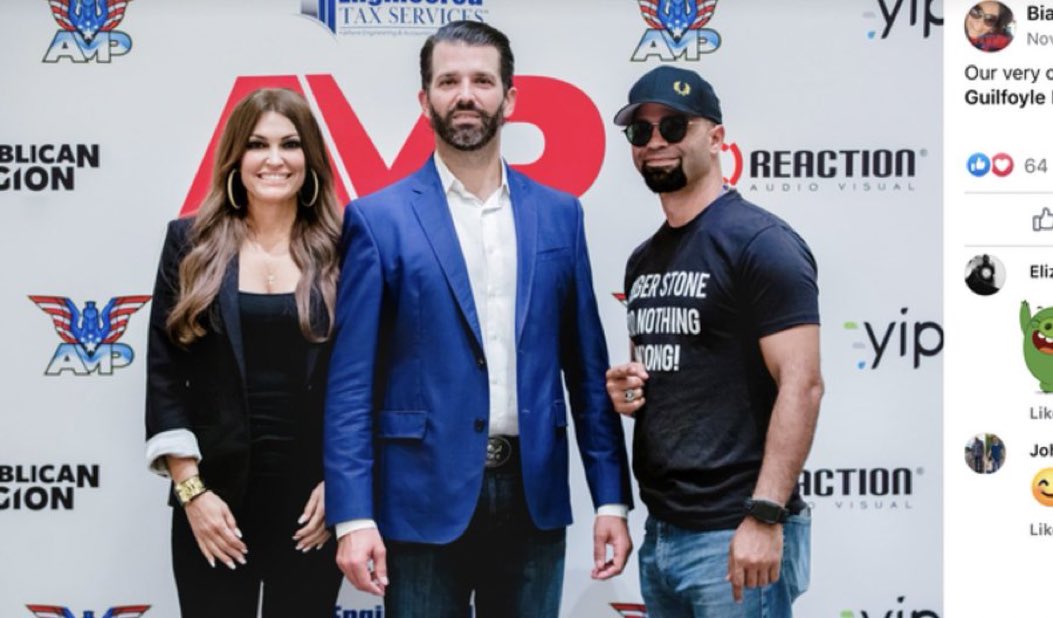 Donald Trump Jr. and Kimberly Guilfoyle photographed with Enrique Tarrio, the leader of the Proud Boys. Tarrio was recently sentenced to 22 years in prison for seditious conspiracy.