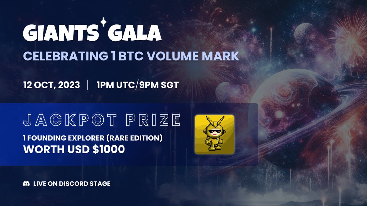 giantsprotocol's tweet photo. 🪩 Giants Gala 🪩

Celebrate #FoundingExplorers🟠 crossing the 1 BTC volume milestone with us on 12 October! HUGE live raffle, games and more on Discord 👾

🌟 Raffle Prize: 1 Founding Explorer (Rare)

💙, repost &amp; reply with any golden emojis to enter the raffle https://t.co/NPtdaQvdf4