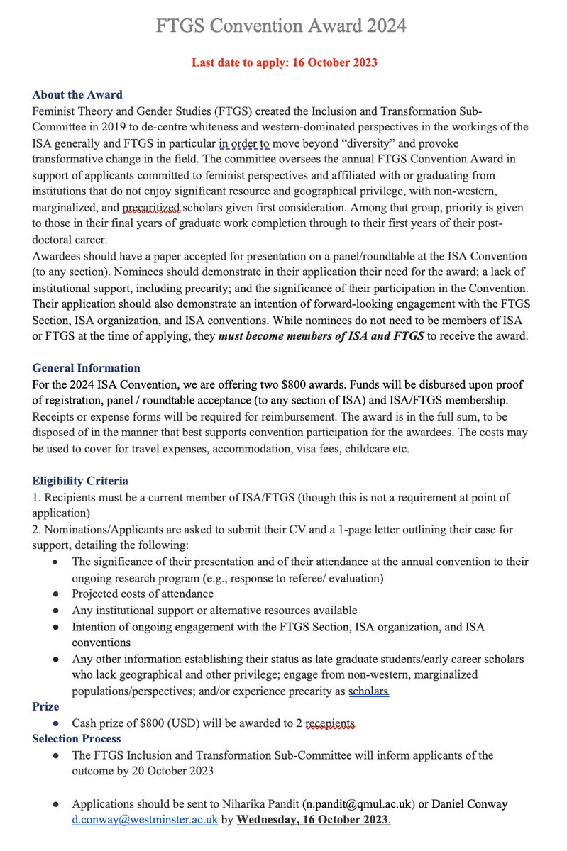 ftgs_isa's tweet photo. 📢 Call for Nominations FTGS Convention Award 2024
Deadline: 16 Oct 2023
Nominations should be submitted to Niharika Pandit n.pandit@qmul.ac.uk or Daniel Conway d.conway@westminster.ac.uk
Please see the details below for more information on the award and application process. https://t.co/snh3hyN7Pw