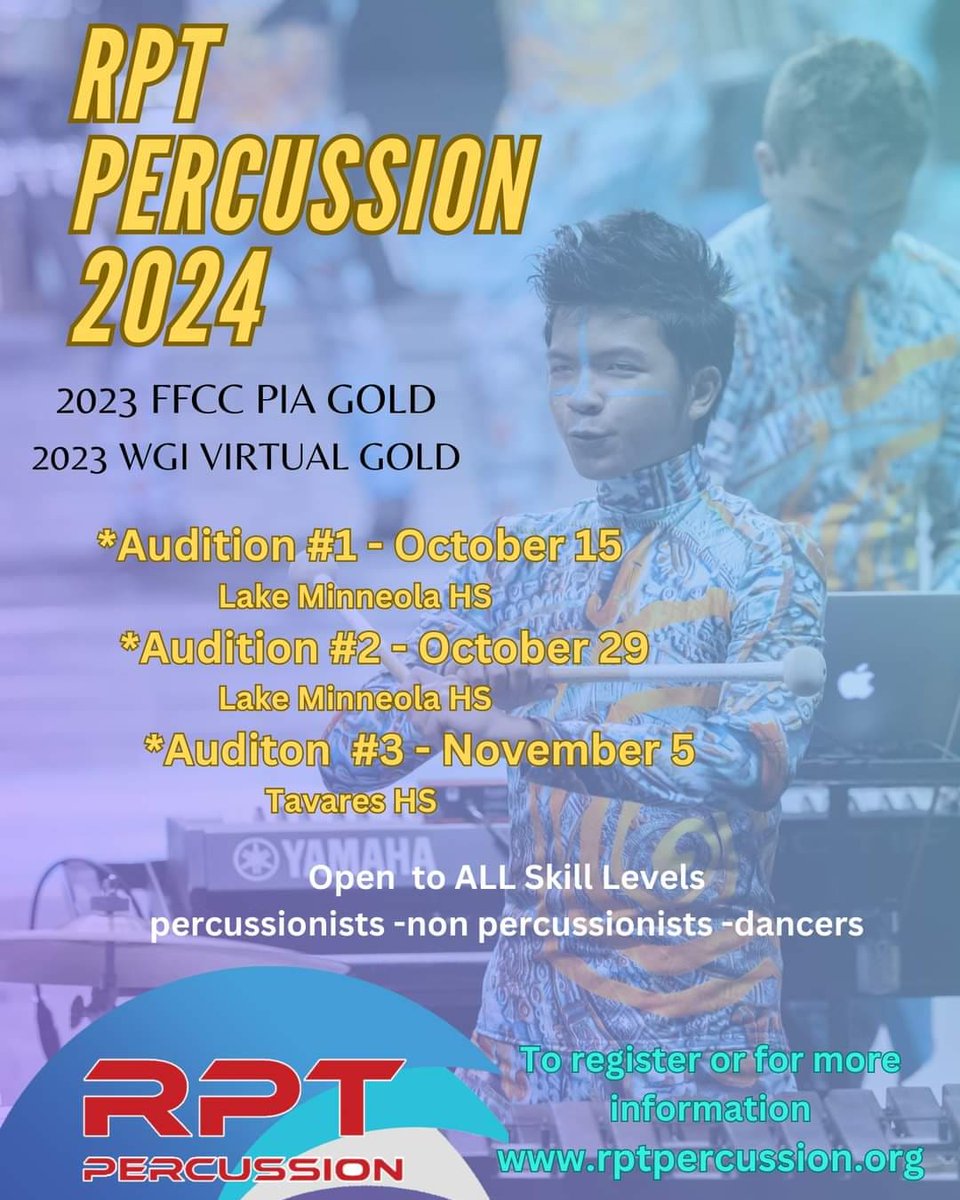 Audition #1 is this Sunday. Come be a part of our family as we take the stage in 2024. Register at rptpercussion.org/join
<a href="/FFCC1985/">FFCC</a>,  @WGIpercussion ,@daddariopercussion,<a href="/YamahaMusicUSA/">Yamaha Music USA</a> <a href="/promarksticks/">ProMark Drumsticks</a> ,<a href="/EVANSDrumheads/">EVANS Drumheads</a> ,<a href="/SABIAN_HHX_AXX/">SABIAN cymbals</a> ,@styleplus_band,<a href="/treeworks/">TreeWorks Chimes</a> ,<a href="/ON2Percussion/">ON2 Percussion</a>