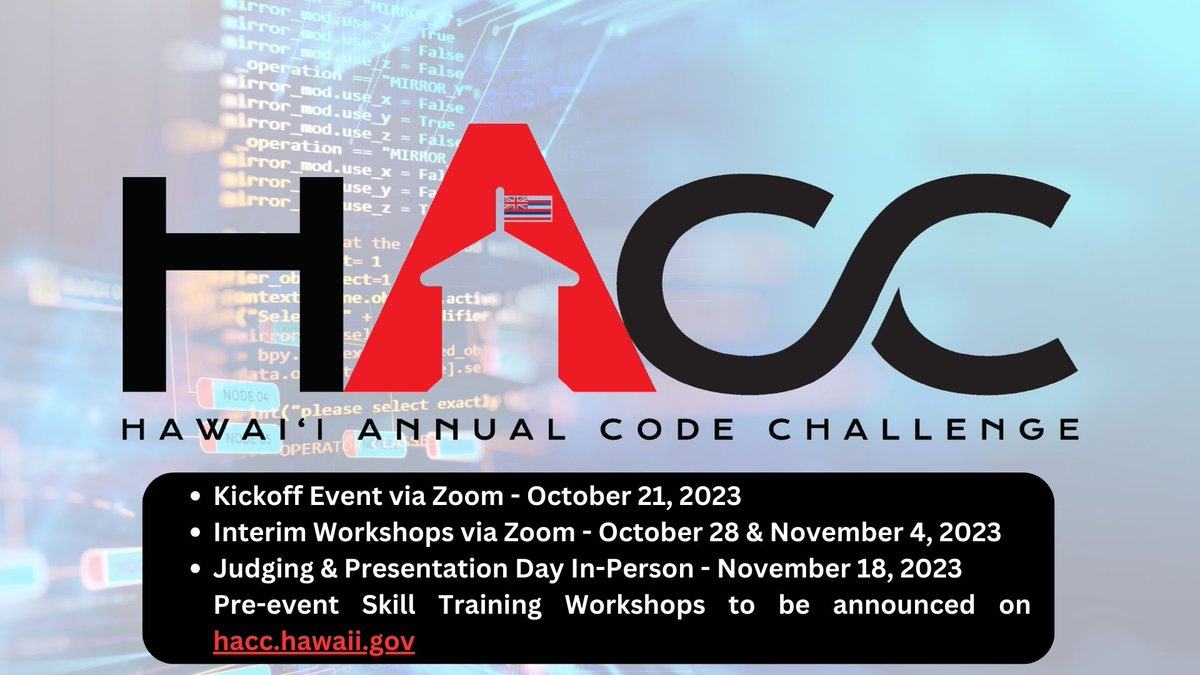 HACC provides a unique opportunity for civic engagement, IT workforce development, and innovation in modernizing state functions. Register now for the 8th Hawaii Annual Code Challenge! hacc.hawaii.gov.
#Coding #CodeChallenge #HACC