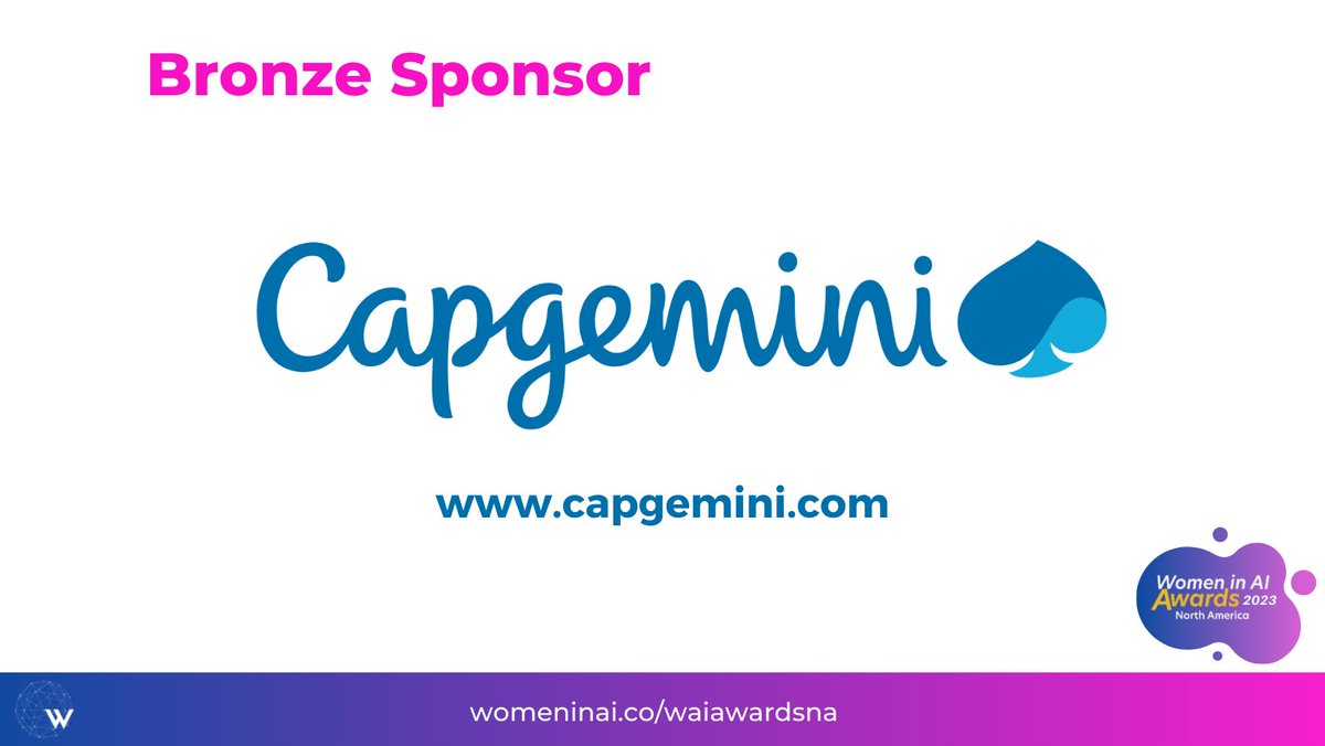 📢Presenting <a href="/Capgemini/">Capgemini</a>, a global leader in consulting, technology services, and digital transformation, as the 𝐁𝐫𝐨𝐧𝐳𝐞 𝐒𝐩𝐨𝐧𝐬𝐨𝐫 for
<a href="/WAIAwardsNA/">Women in AI Awards NA</a> 2023. Learn more about them: capgemini.com bit.ly/WaiAwardsNA23