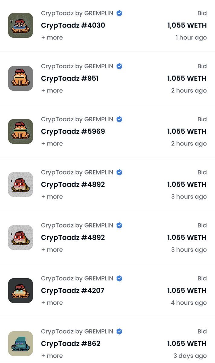 Someone accidentally just bid 1,055 $ETH on a CrypToadz Rekt 💀