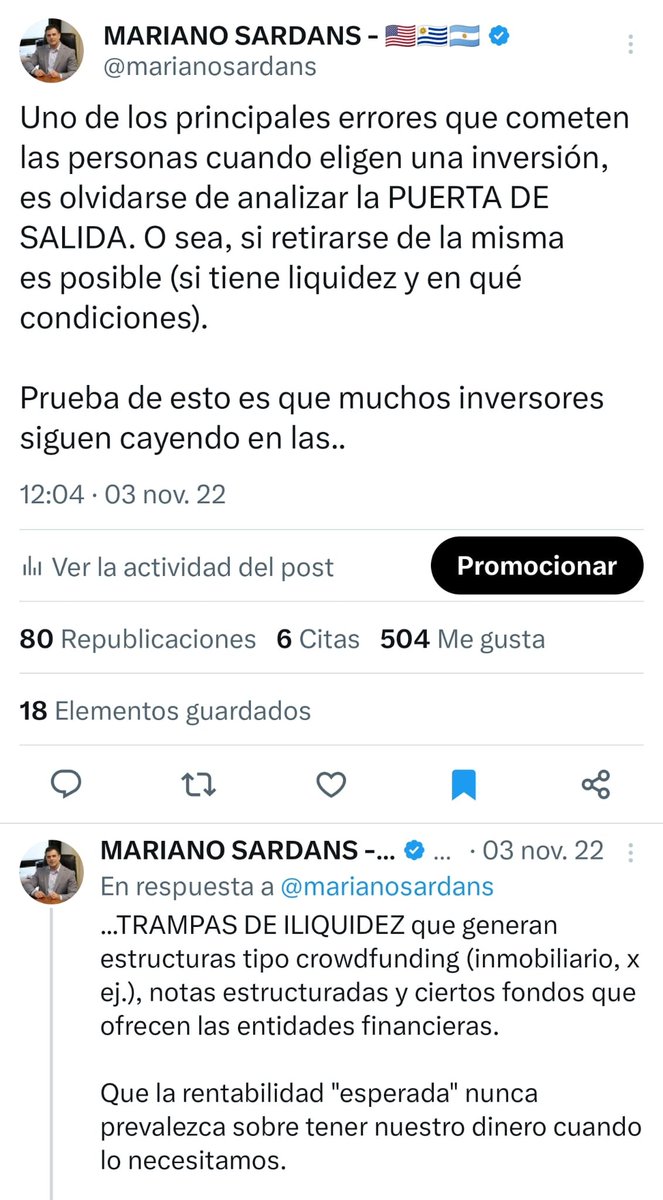 marianosardans's tweet photo. Hace casi un año atrás, escribíamos el tuit de la imagen. Hoy en día con las tasas de interés como están, son muchos los que quieren Y NO PUEDEN SALIR de inversiones financieras, inmobiliarias y hasta de entidades financieras. En muchos de estos casos, ni siquiera es un tema de precio. Directamente NO HAY PRECIO DE SALIDA.