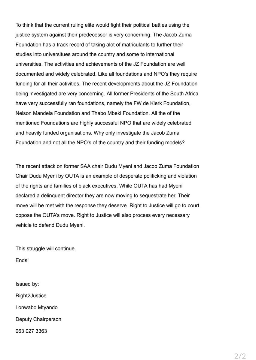 JGZ_Foundation's tweet photo. The Foundation welcomes the support by RIGHT TO JUSTICE given to Ms Dudu Myeni, the Chair of the Foundation.
The targeting &amp; singling out of Ms Myeni as if she was alone at the then SAA Board is the clearest sign that she is being victimised for her association with H.E Prez Zuma https://t.co/gGzXH2PLX3