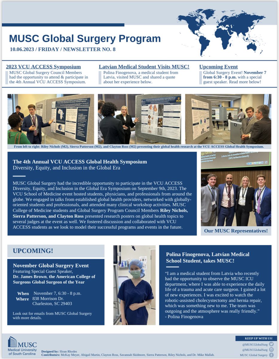 MUSCGlobalSurg's tweet photo. 🚨Newsletter No. 8 just dropped!🚨#GlobalSurgery#MUSC https://t.co/R5gvCoeits