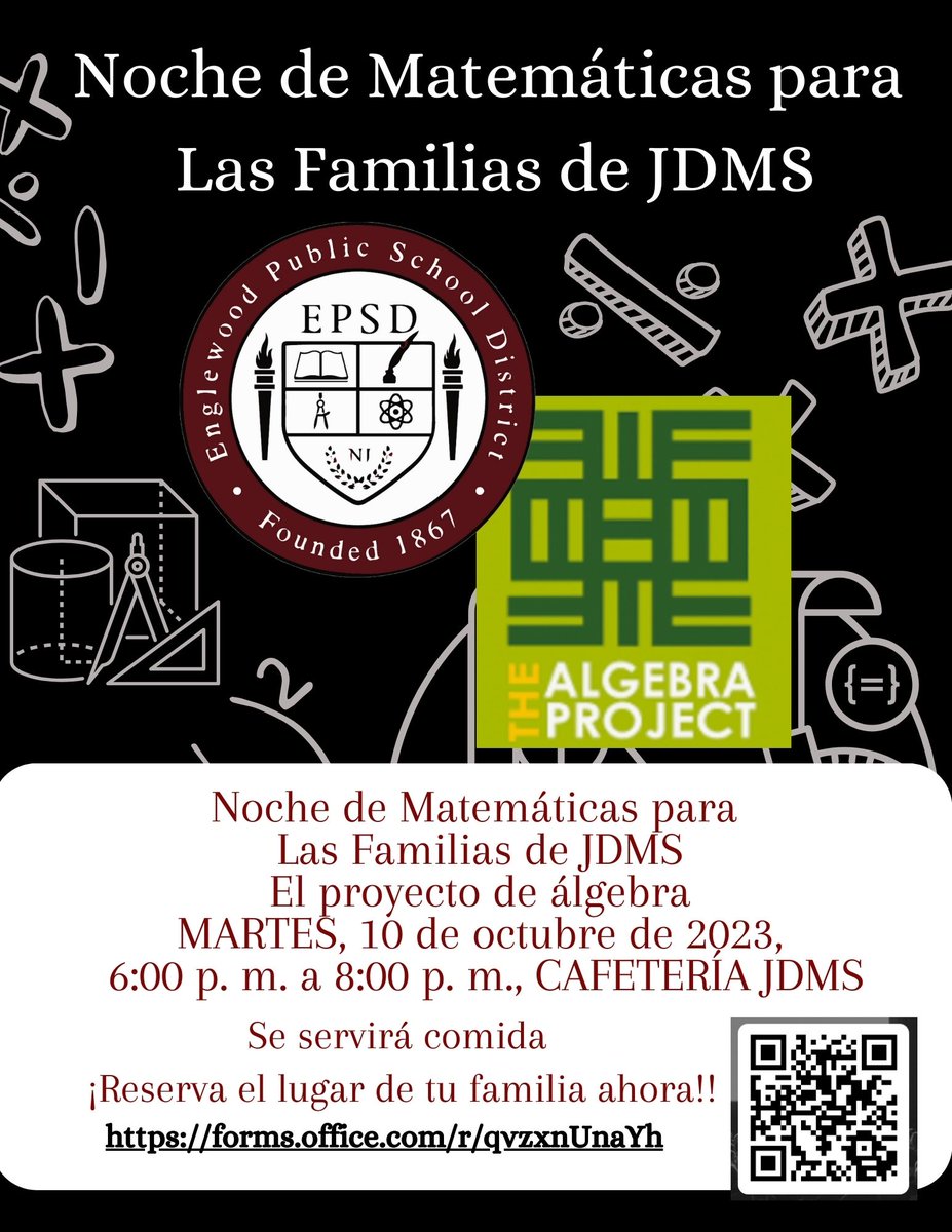 Attention!!!! Tomorrow Night please join us for the JDMS Family Math Night, 10/10/23 @ 6PM! Dinner will be served. Please meet us in the JDMS Cafeteria, next to the parking lot. We hope to see you there!