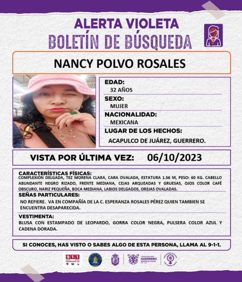 #SeBusca a Nancy Polvo Rosales de 32 años de edad, tez morena, complexión delgada y 1.56 cm de estatura #AlertaVioleta #Guerrero