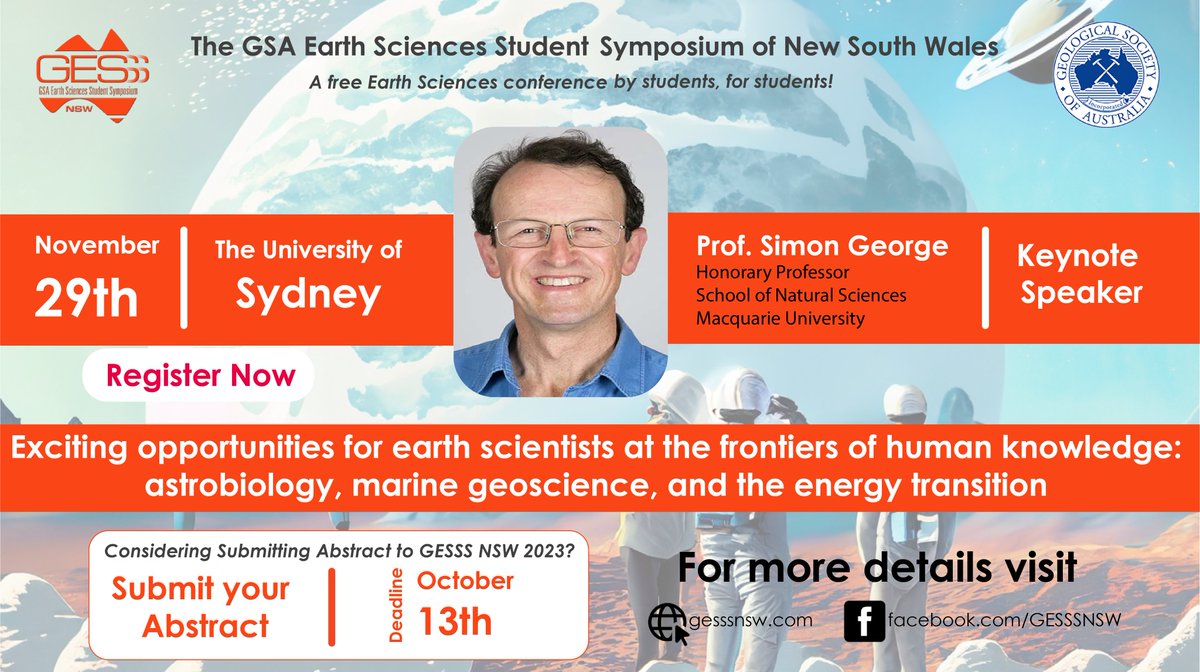 🌍 Join us at #GESSSNSW2023 with Keynote Speaker: Prof. Simon George from Macquarie Uni!

📢 Register now &amp; submit your abstract to showcase your research. Deadline approaching soon!

For more details: gesssnsw.com