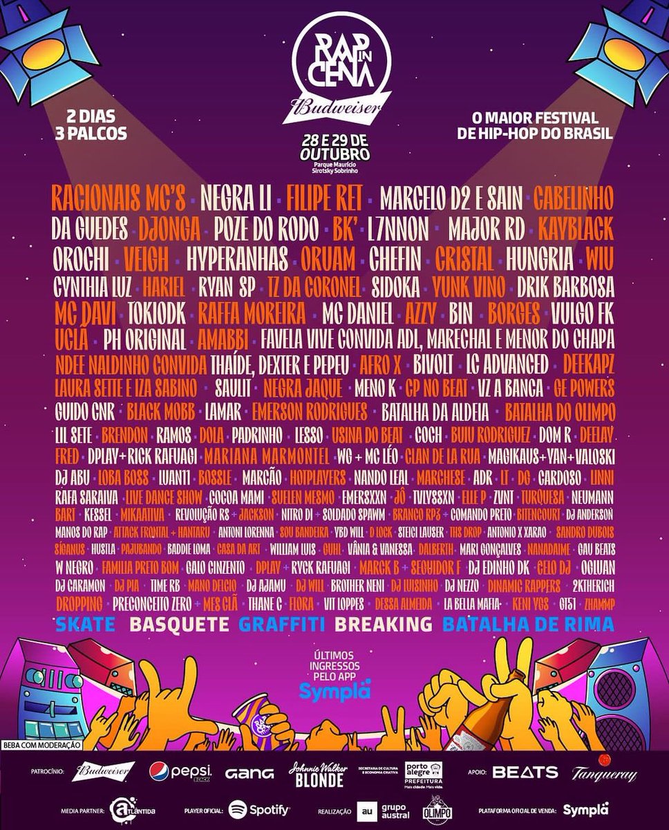 tpumaglock's tweet photo. Isso é Rap In Cena 💜 O Maior Festival de Hip-Hop do Brasil *São mais de 70 artistas que movimentam a cena e contam essa história junto com a gente! Prepare-se para viver o mundo RIC. 🔥
Junte-se a nós e deixe sua voz ecoar 💥💫

Falta muitooo pouco! Dias 28 e 29 de Outubro nos encontramos no Parque Maurício Sirotsky Sobrinho📍

Se ainda não garantiu teu ingresso, corre no link abaixo que são os últimos! 🚀
https://t.co/7SrJaWHt4D