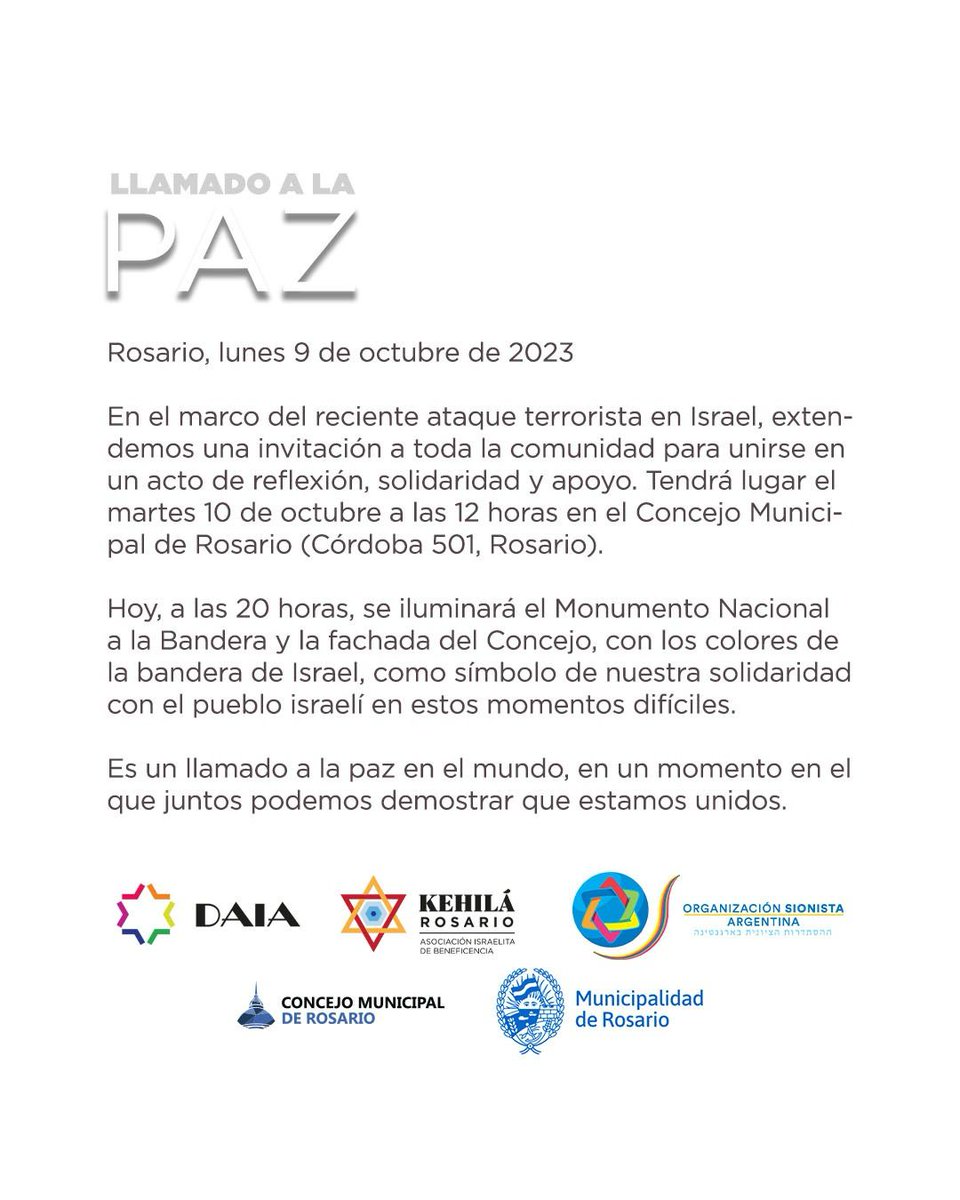 MuniRosario's tweet photo. Llamado a la paz en el marco del reciente ataque terrorista en Israel.
Es un momento en el que podemos demostrar que estamos unidos. https://t.co/XKrvOnosSi