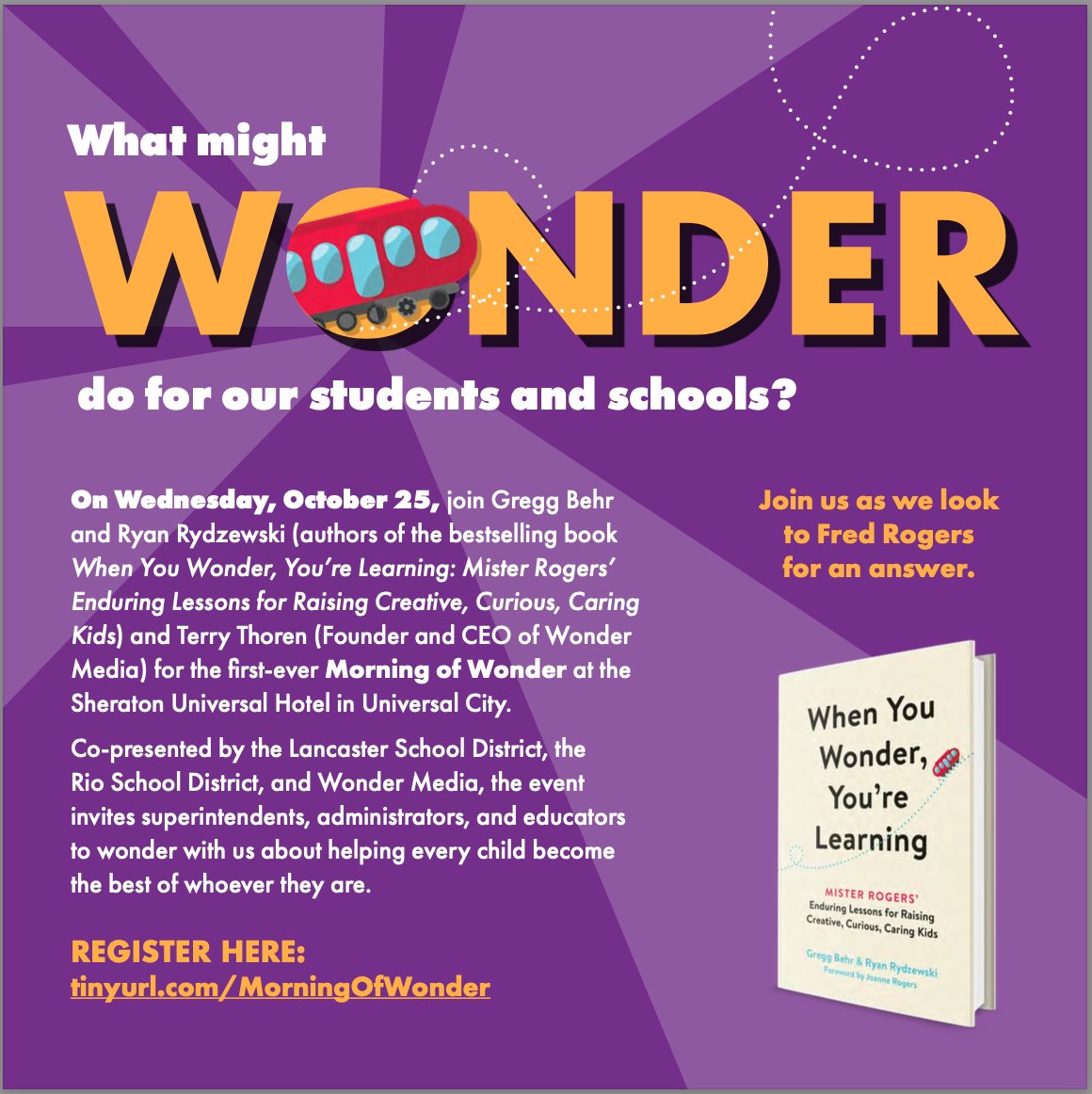 alicewilder's tweet image. Calling #parent and #teacher LA'ers - Oct 25th don't  miss @greggbehr  &amp;amp; @RyanRydzewski workshop the #scienceoflearning, lessons from #FredRogers Fred's enduring legacy is the foundation for many of us who care for each child &amp;amp; child development in #kidsTV lnkd.in/gpyDxBP5