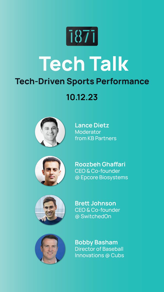 1️⃣ week away from our next virtual Tech Talk: Tech-Driven Sports Performance on 10.12! From 4:30 - 6:00 PM CST, join our panel discussion on how sport tech startups, athletes, &amp; investors are using innovative technology to transform athletic performance.

 1871.com/event/tech-tal…