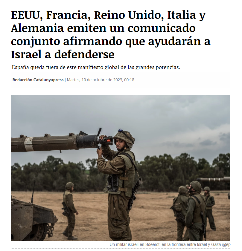 Mr_Jones_k's tweet photo. EEUU, Francia, Reino Unido, Italia y Alemania ayudarán a Israel a defenderse.

Estados Unidos ha enviado un portaaviones y destructores al Mediterráneo oriental para apoyar a Israel y promete que enviará más ayuda militar.

Me huele que esto no es solo para combatir a Hamás. https://t.co/dhh7VKJ6TU