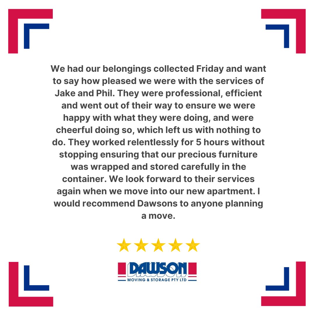 Thank you so much for this kind review! We are beyond pleased to receive your positive feedback! 💙 ❤️️
.
📱 @dawsonmovingandstorage
📞 03 9763 0222
.
#Dawson #DawsonMovingandStorage #FurnitureMovers #LocalMovers #InterstateMovers #StorageSolutions #SelfStorage #5Stars #Po ...