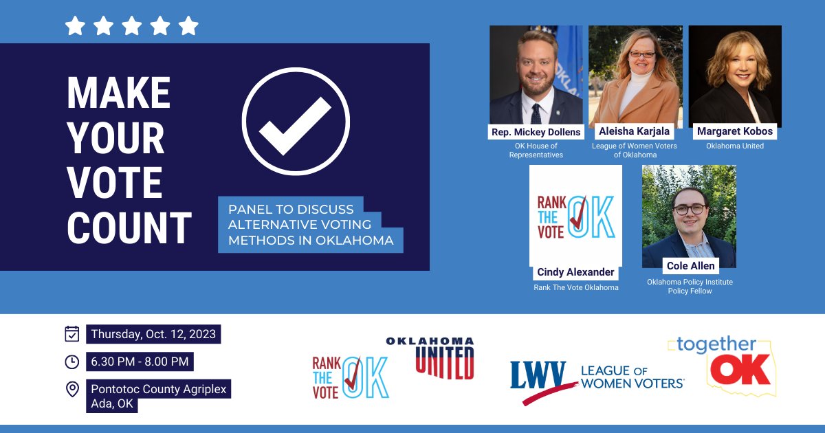 📢 Exciting news! We've gathered a stellar lineup for our virtual panel in Ada 🗳️, including Oklahoma Rep. <a href="/MickeyDollens/">Rep. Mickey Dollens</a> and representatives from <a href="/RankTheVoteOK/">RankTheVoteOK</a> <a href="/Oklahoma_United/">Oklahoma United</a> <a href="/LWVOklahoma/">LWV Oklahoma</a> and <a href="/OKPolicy/">Oklahoma Policy Institute</a>. 

[MORE INFO: togetherOK.org/Events] #MakeYourVoteCount