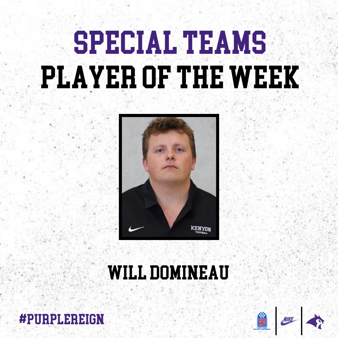 KenyonFootball's tweet photo. SPECIAL TEAMS PLAYER OF THE WEEK VS OWU 

WILL DOMINEAU

#PurpleReign 🟣🦉 https://t.co/YNzUWHdbng