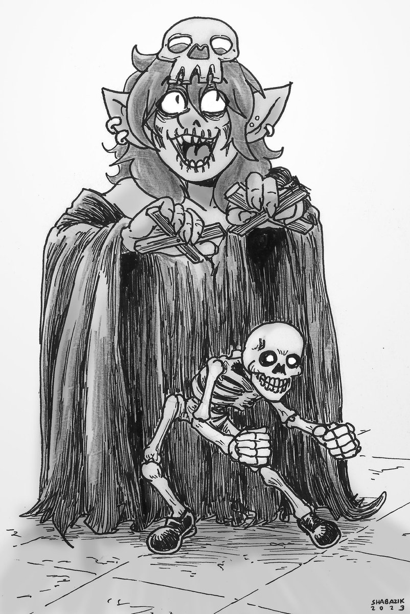 shabazik's tweet photo. "I'm a #necromancer! And He is a #necrodrancer, you see?!"
"That's a puppet."
"Look at him go!"

#drawing done for #gobtober2023, where the prompt (for day 7) was a #Goblin necromancer.

#drawing #fantasy https://t.co/VdMbf5Cxnm