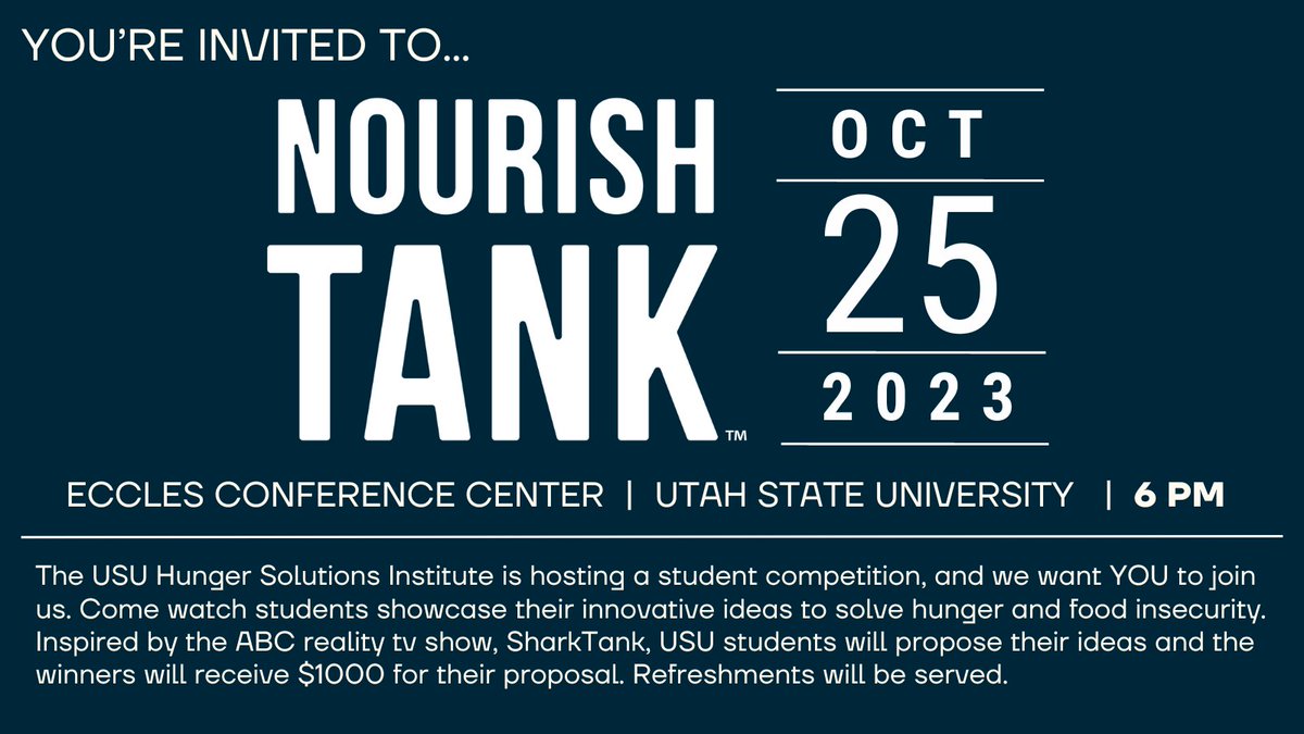 usu_hsi's tweet photo. Save the date! Wednesday, October 25 at 6:00 p.m. Five amazing teams will compete for the best hunger solution. The winning idea will be awarded $1,000. This event is free to attend and open to students and the public. Spread the word!

#HungerSolutions #NourishTank2023 https://t.co/IAvYxOUCn8