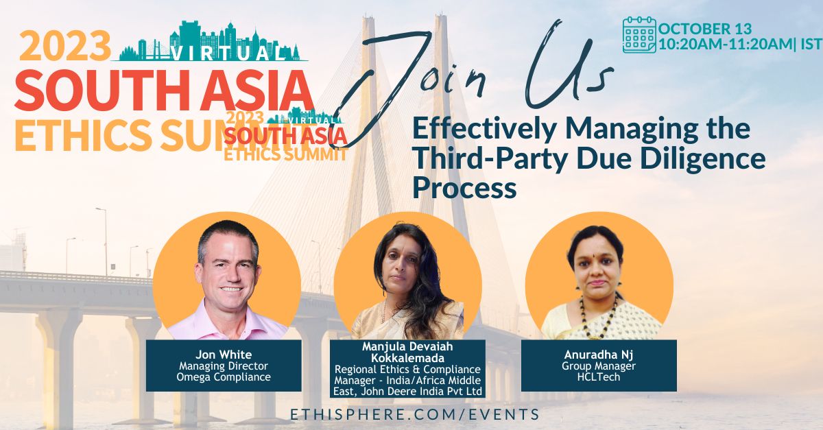 We are thrilled to have Jon White, Omega Compliance lead a conversation on effective third-party due diligence at the #SouthAsiaEthicsSummit23 on Oct 13th. This panel will feature expert insights from Manjula Devaiah, @JohnDeere, and Anuradha Nj, @hcltech