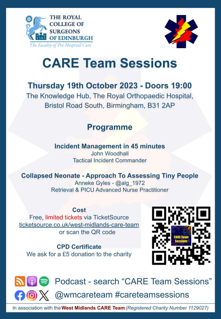 Tickets available from 18:00 on 12th Oct!

Looking forward to two fantastic speakers talking about two very relevant aspects of pre-hospital care..

#CARETeamSessions
PB