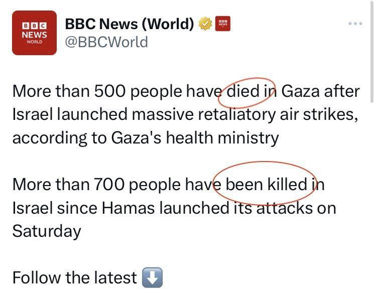 This is how the Western media manipulates the public to support one side or the other in the conflict.

In Gaza, people "die" while in Israel they are "killed".