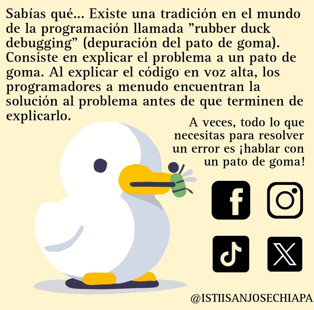 IstiiSan's tweet photo. Para todos aquellos que tardamos en solucionar las cosas, no está de más explicarle nuestros problemas a un pato de goma. 🫡

#CRC #BUAP #ISTII #resolverproblemas #patodegoma https://t.co/2C1BKupTOB