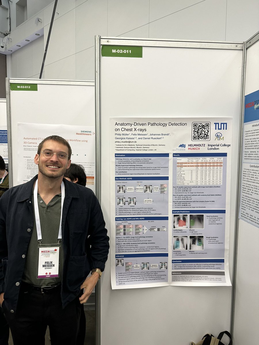 Pathology detection in chest x-ray images presented by <a href="/FelixMeissen/">FelixMeissen</a> at #MICCAI2023. Do stop by!