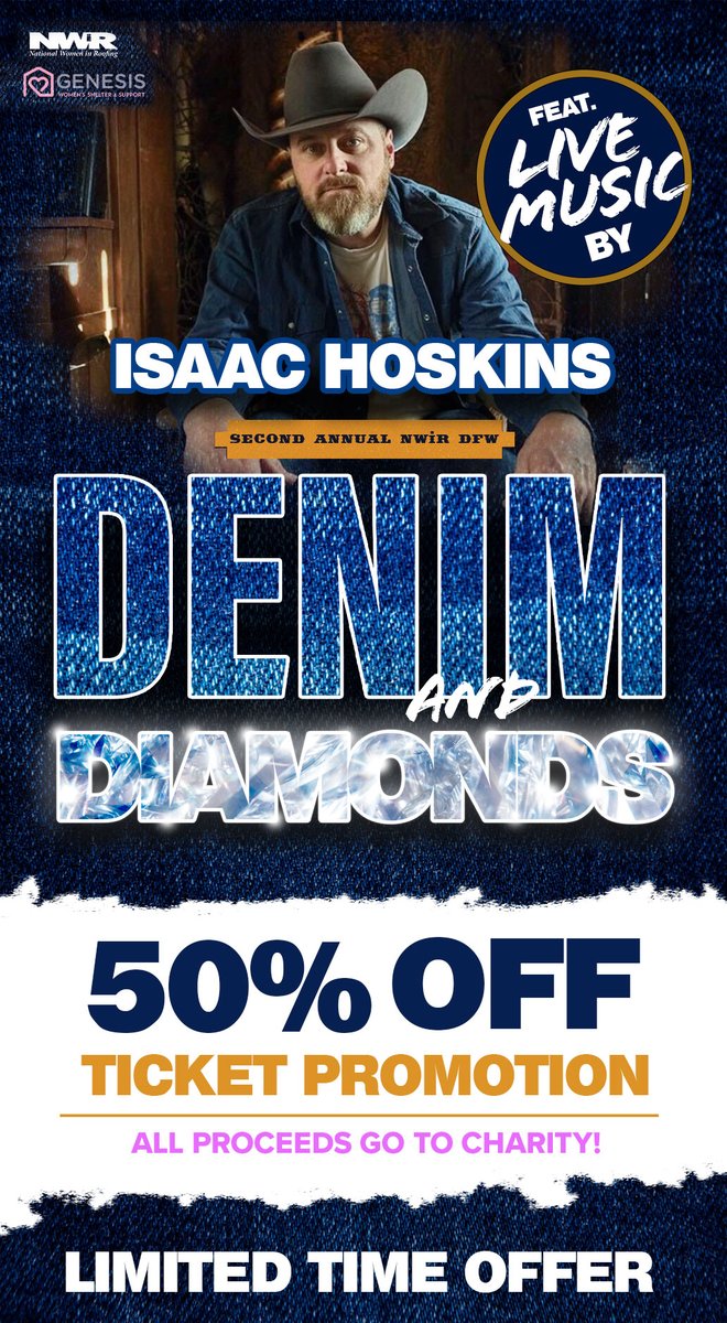 We proudly support the 2nd Annual <a href="/NatlWomeninRoof/">NationalWomeninRoof</a> DFW Charity Ball! Take advantage of this Special Promo 50% OFF - ALL WEEK! Click the link below
lnkd.in/gGYtvM_i

Feat. live music by Isaac Hoskins, famous for his scene in Yellowstone!
ALL PROCEEDS GO TO CHARITY!