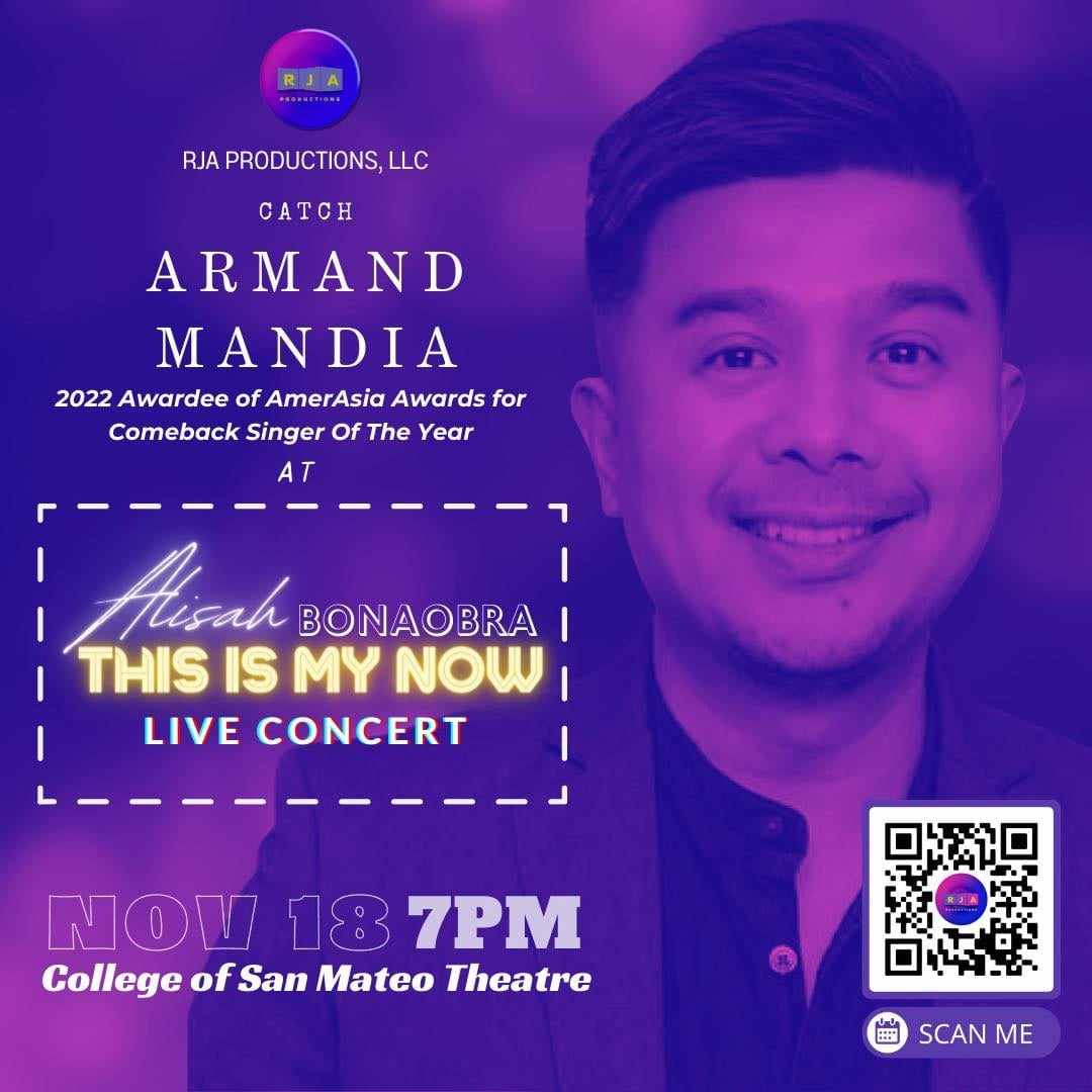 Don't miss the live performance of Armand Mandia on 𝄞𝘼𝙡𝙞𝙨𝙖𝙝-𝙏𝙝𝙞𝙨 𝙄𝙨 𝙈𝙮 𝙉𝙤𝙬 𝙇𝙞𝙫𝙚 𝘾𝙤𝙣𝙘𝙚𝙧𝙩𝄞

It will be held on November 18, 2023, at the College of San Mateo Theatre. 

For tickets: bit.ly/3E8TSPF