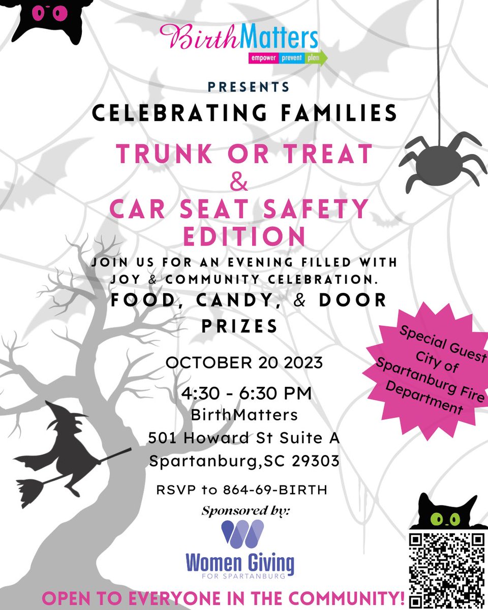 BirthMatters cordially invites you to our Celebrating Families: Trunk or Treat Edition. Come dressed in your best Halloween Costume for a special raffle prize! 
Join us on October 20th for food, candy, and fun!

RSVP by scanning the QR code or clicking the link located in our bio