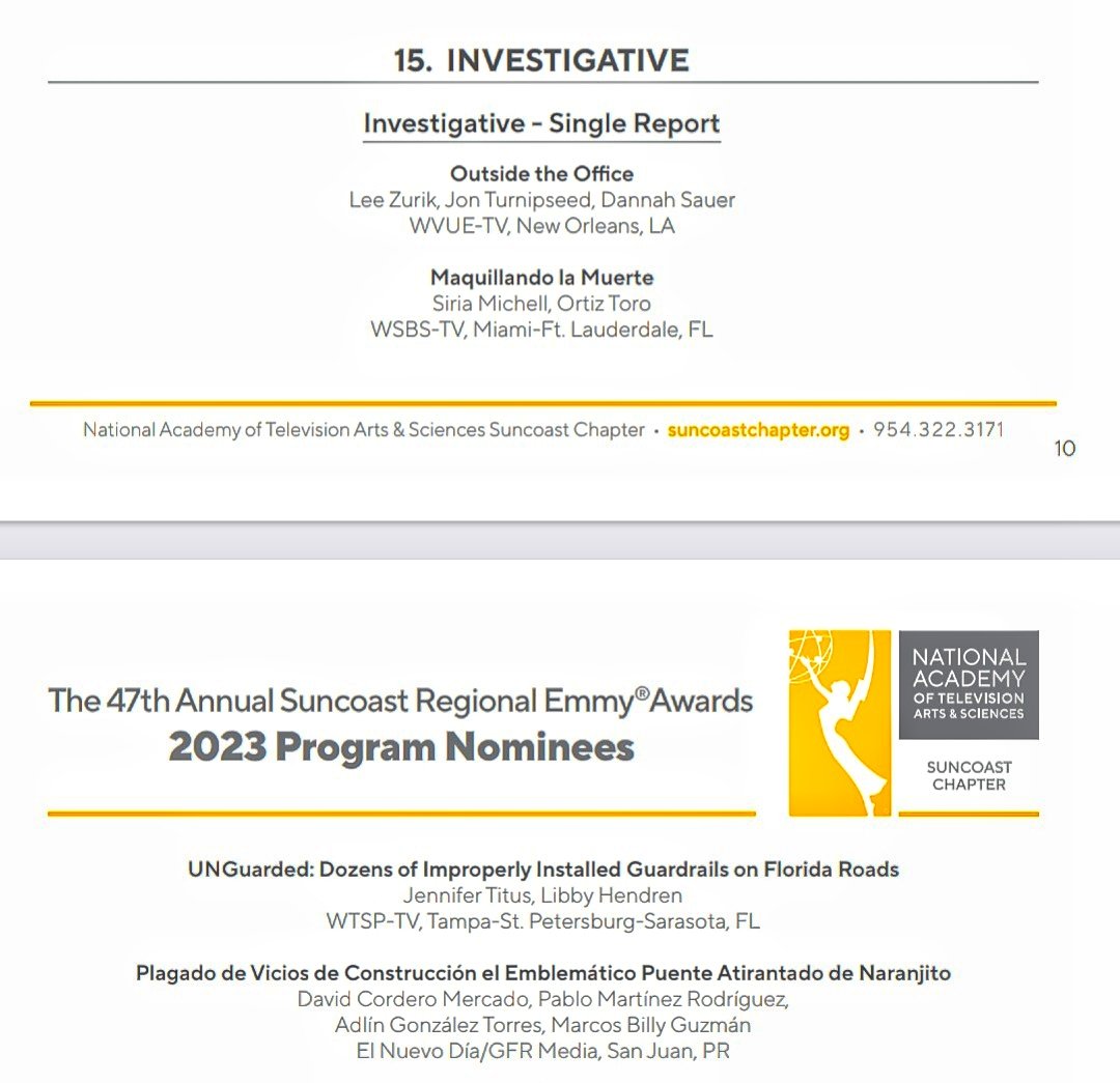 ¡Arriba! ❤️ Orgullosísimo de mi gran colega <a href="/David_cmercado/">David Cordero Mercado</a>, con quien hoy, junto a Pablo Martínez y Adlín González, celebro esta nominación al Suncoast Regional Emmy Award 2023 por la investigación sobre el puente atirantado de Naranjito. ¡Felicidades, equipo! 🤗 <a href="/ElNuevoDia/">El Nuevo Día</a>