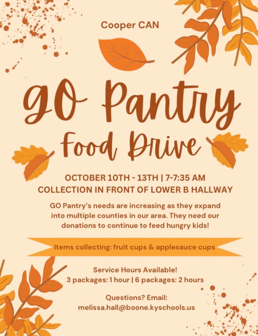 CooperCanRCHS's tweet photo. Donate to our GO Pantry drive in the mornings this week 10/10-10/13! We are collecting fruit and applesauce cups. 3 packages = 1 service hour, 6 packages = 2 service hours. Go Jags!! https://t.co/kL02X7mnTl