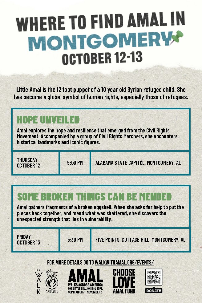 Where to find #LittleAmal this week in Montgomery? We have the answers! Join us as the <a href="/CityofMGM/">City of Montgomery</a>, welcomes The Walk with Amal to the city! Multiple events produced by our creative community.

#LittleAmal #TheWalk #OneBigHope #AmalWalksAcrossAmerica #MontgomeryAlabama