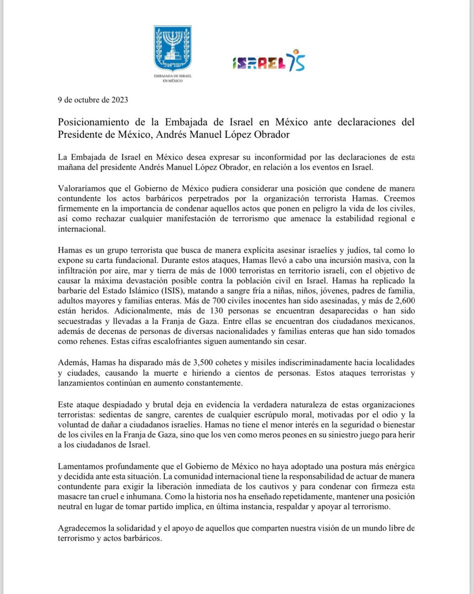 BeataWojna's tweet photo. “La Embajada de Israel en México desea expresar su inconformidad por las declaraciones de esta mañana del presidente Andrés Manuel López Obrador, en relación a los eventos en Israel.” así de directo el mensaje de la Embajada de Israel al Presidente de México. El posicionamiento completo de la Embajada a continuación👇👇👇