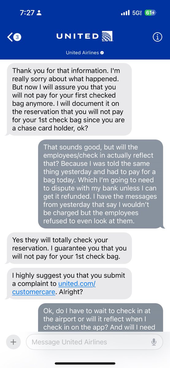 breadstickbby's tweet photo. @united  want to explain why I was told twice (both times in writing) that I wouldn’t be charged for my checked bag &amp; then was forced to pay for my checked bag both ways? And your reps were incredibly rude to me about it? would love to not have to dispute these charges https://t.co/mZnwlyaWu7