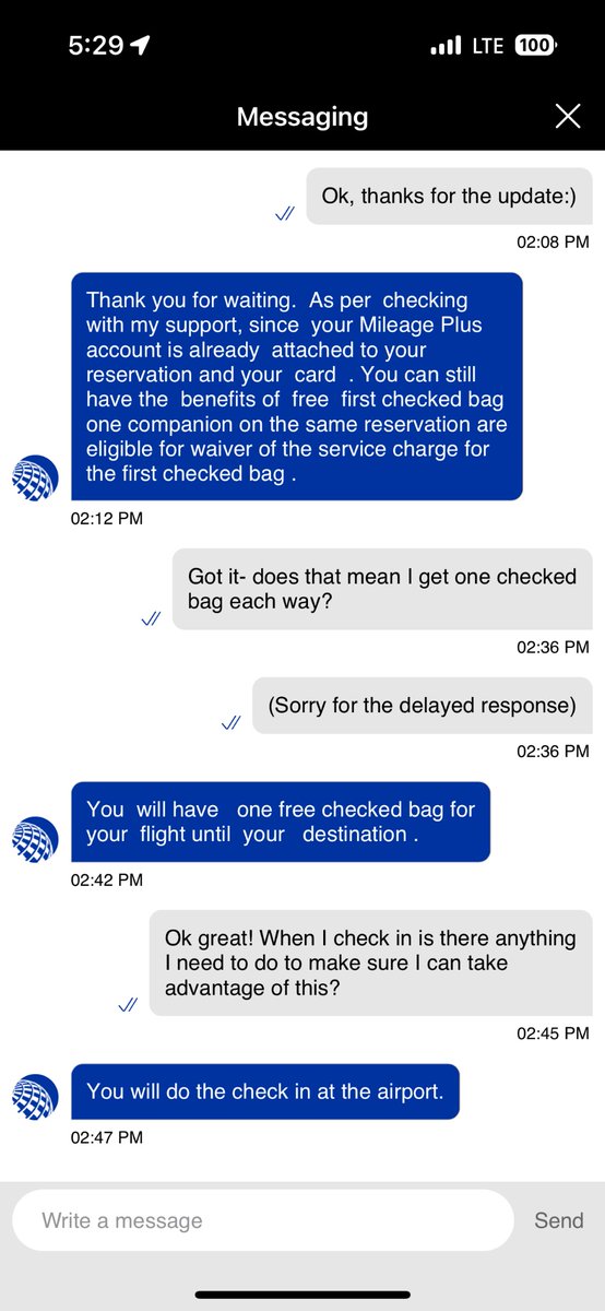 breadstickbby's tweet photo. @united  want to explain why I was told twice (both times in writing) that I wouldn’t be charged for my checked bag &amp; then was forced to pay for my checked bag both ways? And your reps were incredibly rude to me about it? would love to not have to dispute these charges https://t.co/mZnwlyaWu7