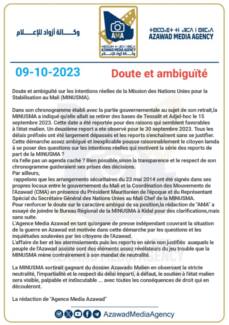 AzawadMedia's tweet photo. Doute et ambiguïté sur les intentions de la MINUSMA https://t.co/gJMEHcs6fO