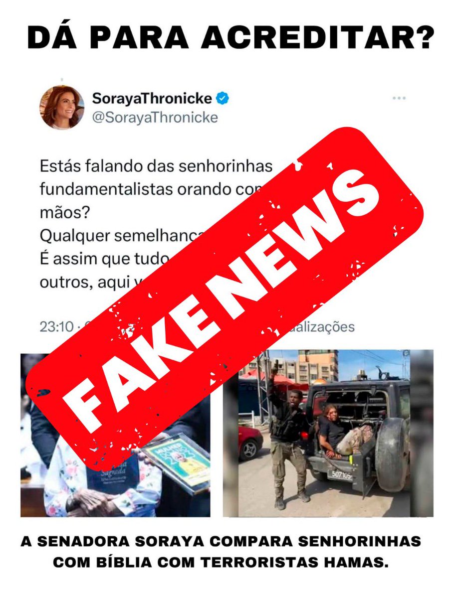 Mais uma vez pessoas do mal estão espalhando FAKE NEWS contra mim,dizendo q comparei “idosas religiosas” ao Hamas.Isso é mentira! Respondi uma pessoa aqui no X que sugeriu q os ataques de 8/1 no Brasil não foram terrorismo,mas atos de supostas “senhorinhas de bem”que depredaram
