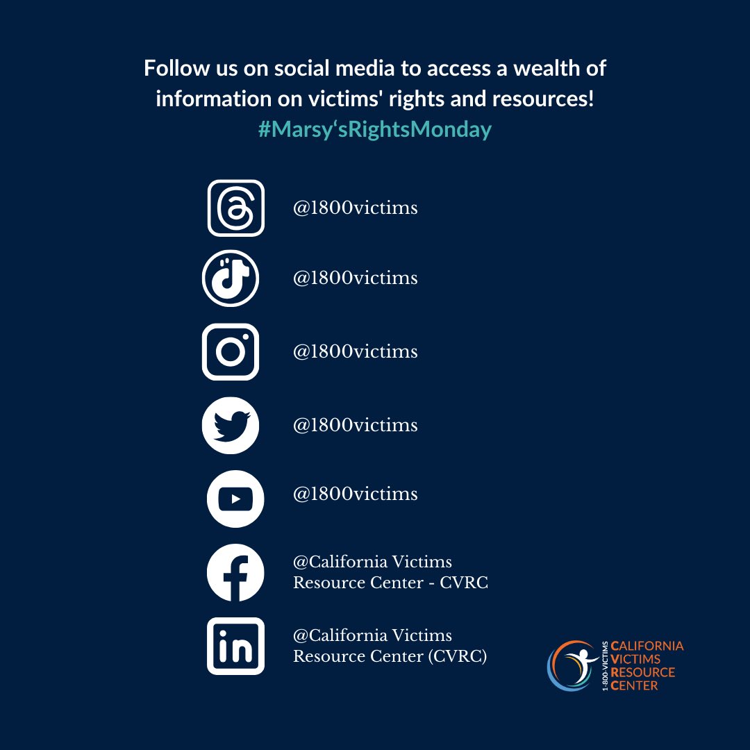 Check out episode #13 at 1800victims.org/information-fo…

For additional insights into your rights, please feel free to reach out to us at 1-800-VICTIMS (842-8467).

Join the conversation with our hashtags:
#Marsyslawmonday  #cvrc #cvlrc #1800victims #knowledgeispowervictimtosurvivor