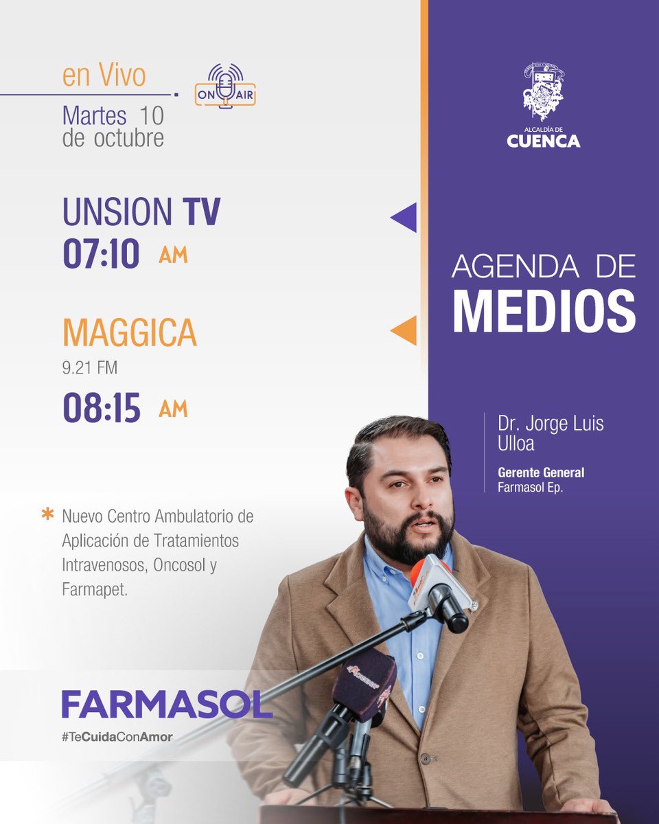 Mañana informaremos a través de <a href="/UNSIONTV/">UnsionTV</a> y <a href="/magicafmecuador/">Maggica Fm Ecuador</a>.

Trataremos sobre nuestros nuevos puntos de atención #Oncosol y #Farmapet entre otros temas de interés.

#FarmasolTeCuidaConAmor 
#AmorPorCuenca 

<a href="/JL_UlloaLopez/">Jorge Luis Ulloa López</a> 
<a href="/czamoramatute/">Cristian Zamora M</a> 
<a href="/MunicipioCuenca/">Municipio Cuenca</a>