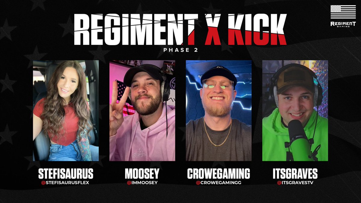 Please join us in congratulating the REGIMENT Content Creators that joined <a href="/kick/"></a>’s #Phase2 thanks to REGIMENT’s partnership with Kick! 🫡 

Each day, REGIMENT is providing new opportunities and experiences for Military Veterans in the gaming industry.

🇺🇸