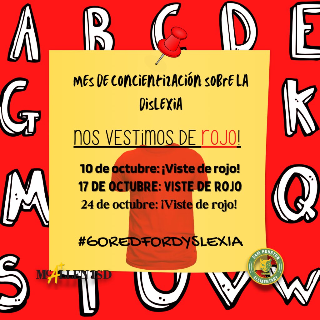 ❤️ Cougar family, tomorrow (Tues., Oct. 10) we go red for dyslexia! #StrongerTogether #CougarPride #DistrictOfChampions #GoRedForDyslexia