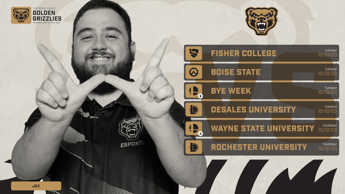 OaklandEsports's tweet photo. Oakland Esports: The Week Ahead ▶️ October 9-12

It looks like a busy one for the Golden Grizzlies, so let's quickly run it down.

▶️ Rocket League's CRL Season starts
▶️ League of Legends' NACE Season starts
▶️ Smash Bros. A Team NACE Week 5 https://t.co/Q9rVFi7RrA